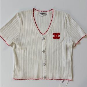 Chanel White Cardigan with Red Trim